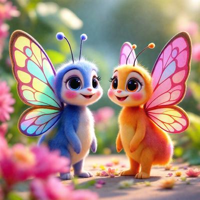 The image features two colorful butterfly-like creatures standing next to each other. They are both smiling and appear to be enjoying their time together. The setting is a flower-filled garden, with pink flowers surrounding the butterflies. The visual style is a combination of photo and digital art, creating a vibrant and lively atmosphere. The dominant colors are pink and orange, which are prevalent in the flowers and butterflies, contributing to a cheerful and warm mood.